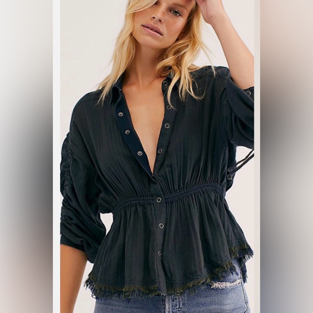 Free People Distressed Charcoal Gray Cinch Waist Grunge Peplum Shirt Medium